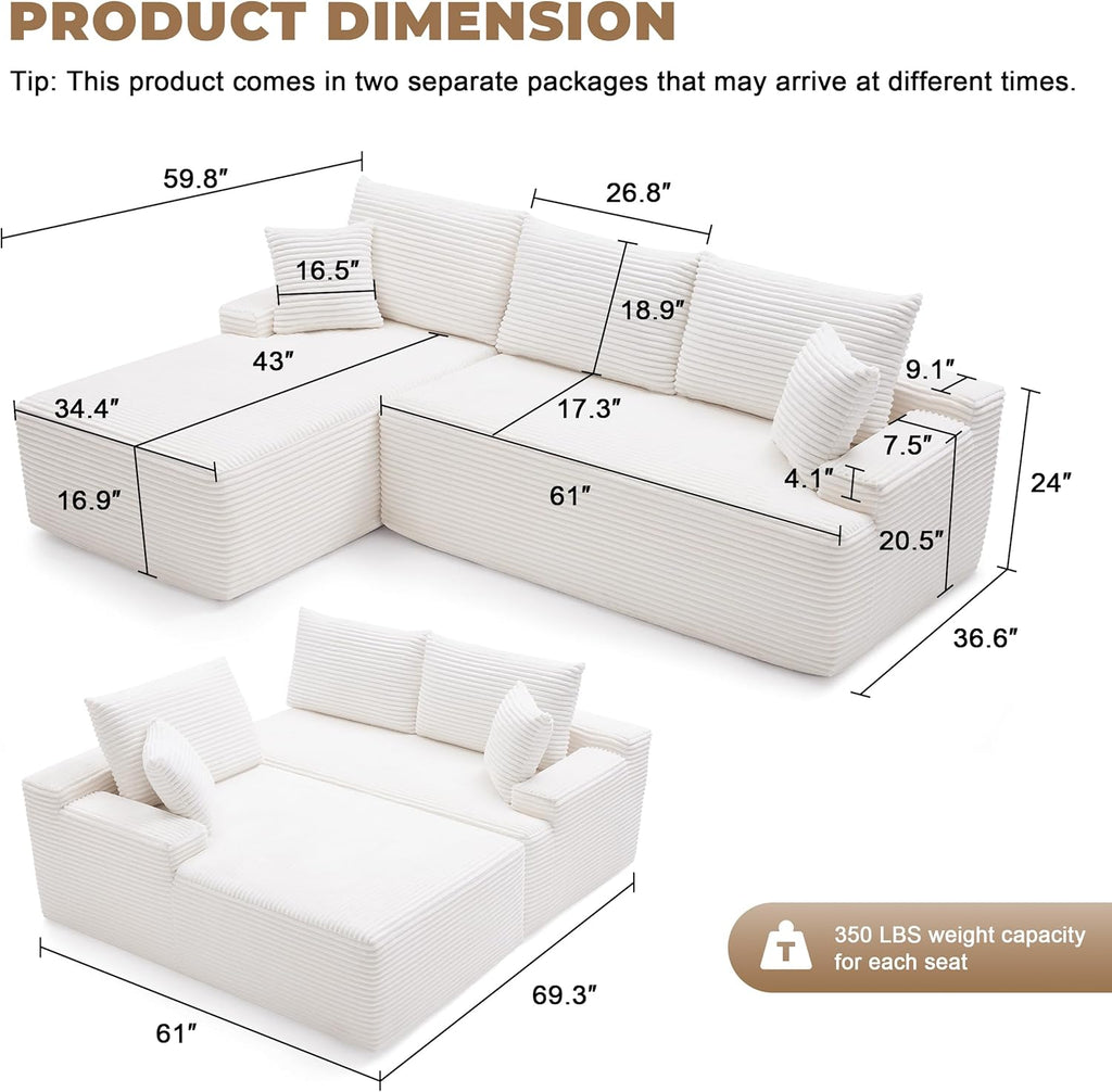 Mangodan Cloud Sectional Sofa, Boneless Couch for Living Room, Modular Sectional Sofa with Deep Seat, Fluffy Comfy Couch with L-Shaped Chaise, No Assembly Required, Beige