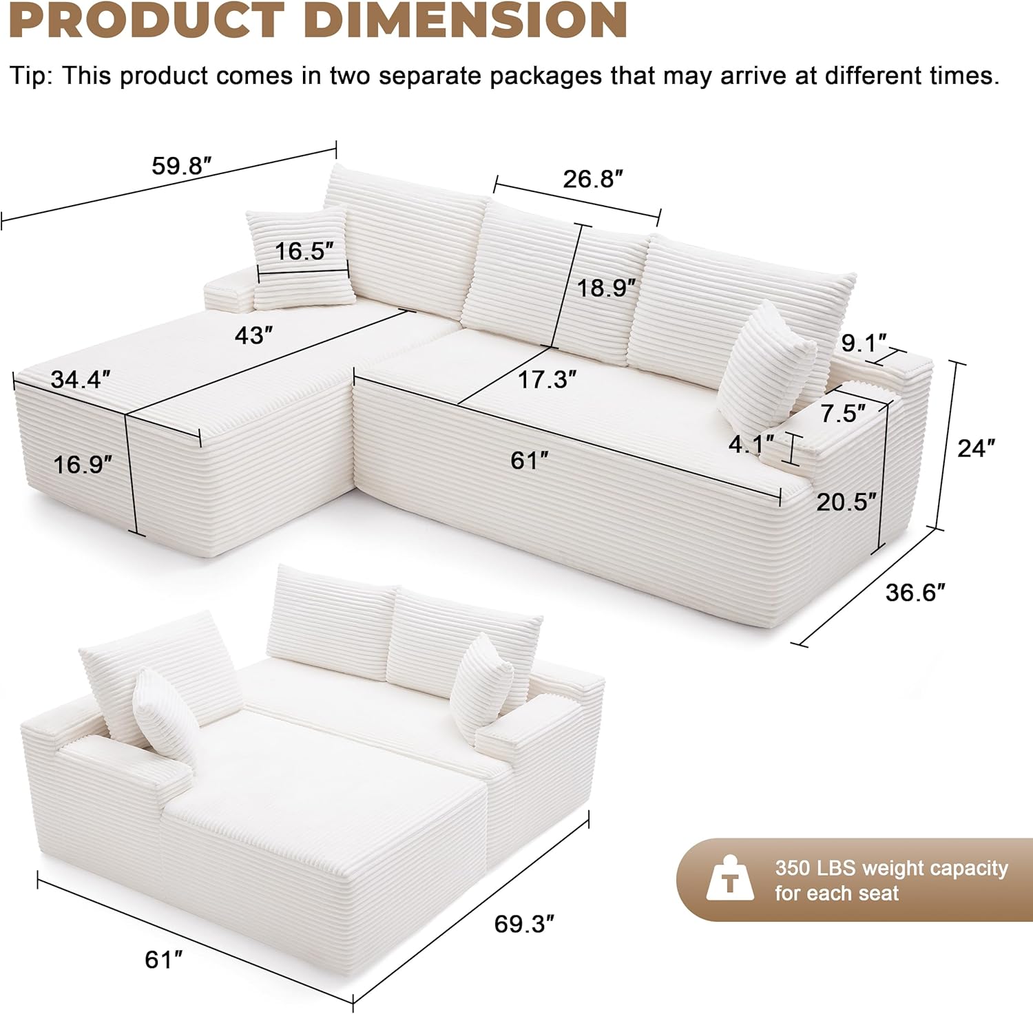 Mangodan Cloud Sectional Sofa, Boneless Couch for Living Room, Modular Sectional Sofa with Deep Seat, Fluffy Comfy Couch with L-Shaped Chaise, No Assembly Required, Beige