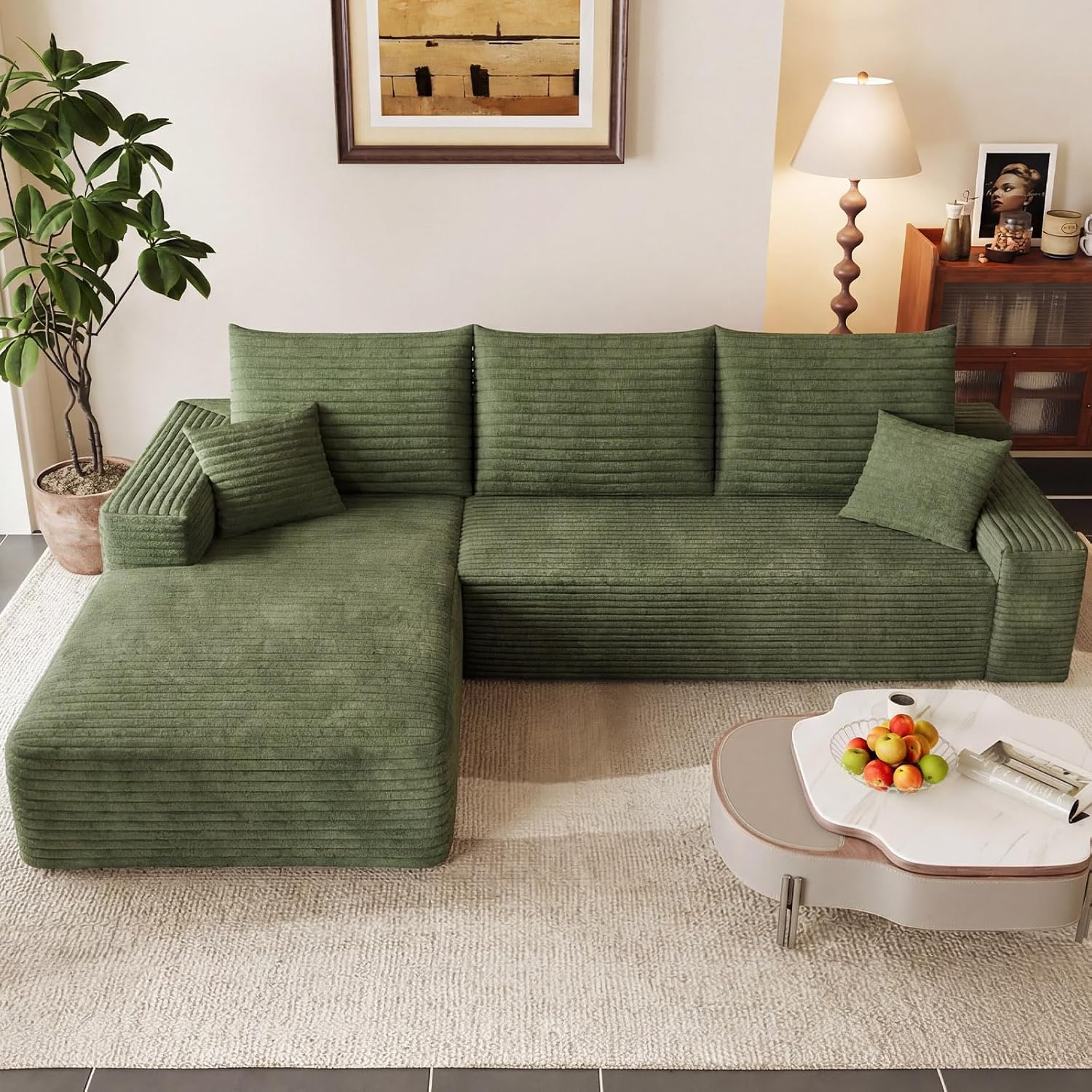 95' Modular Sectional Couch, Boneless L Shaped Cloud Sofa with Chaise Lounge, Corduroy Upholstered Couches Memory Foam Deep Seat, No Assembly Required, Ideal for Living Room(Green, Left Facing)