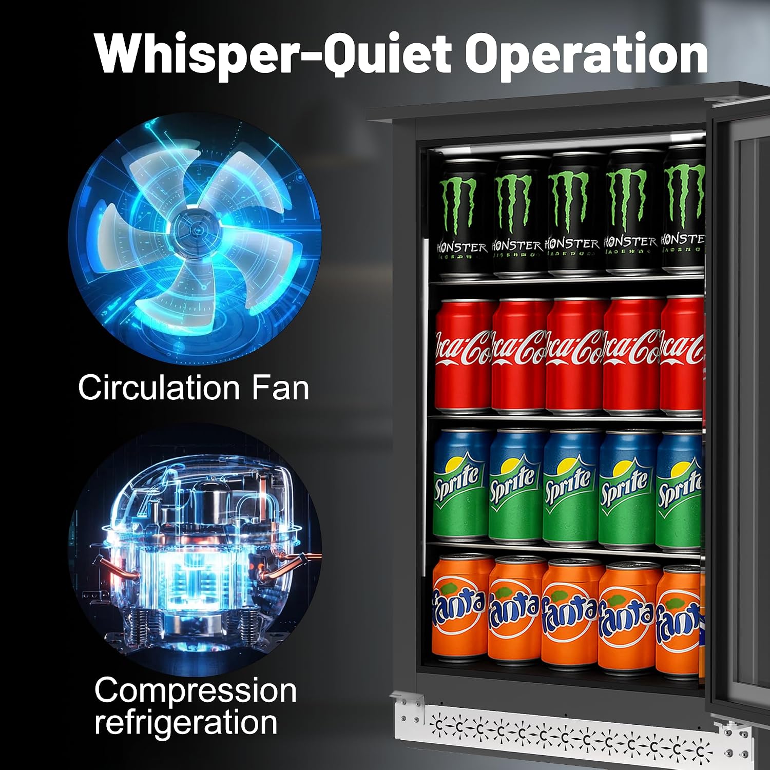 20 Inch Under Counter Beverage Fridge with Glass Door, Beverage Refrigerator Cooler 120 Can,Built in or Freestanding,Fast Cooling,Quiet ≤39 dBs,Blue LED Light Cooler for Bar, Home, Office