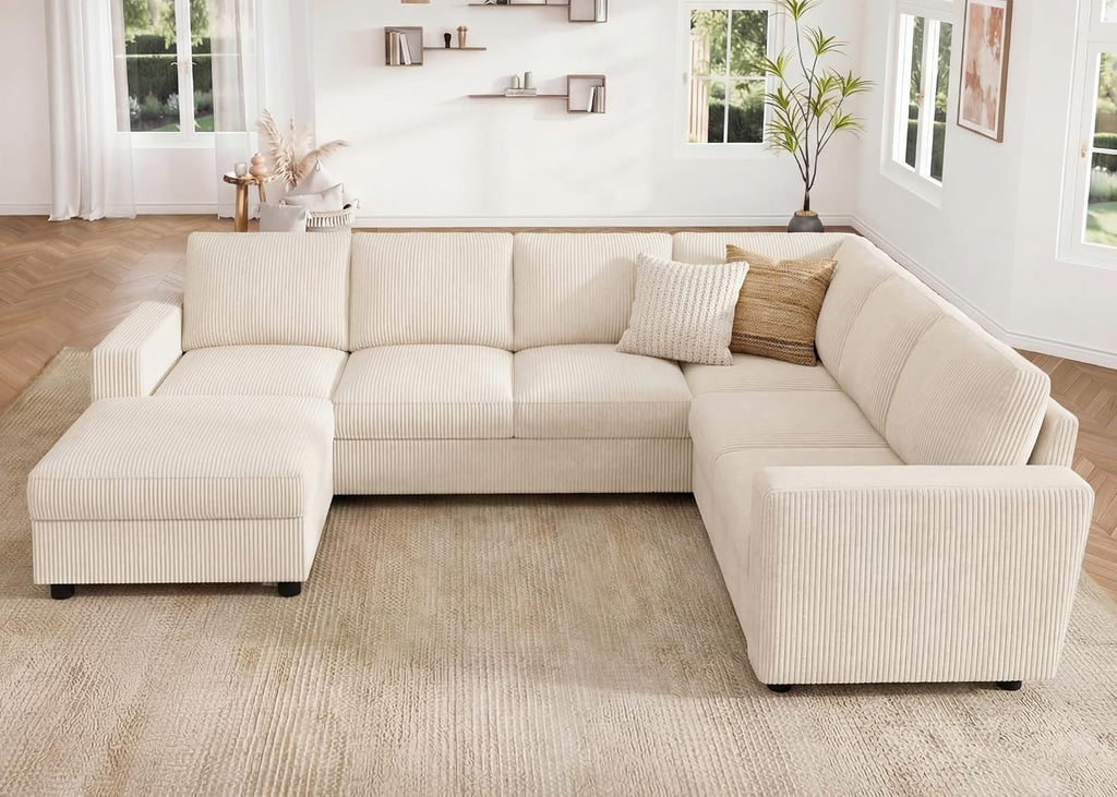 HONBAY Corduroy Sectional Sofa with Storage, U Shape Sofa with Chaise, 7 Seater Sectional Couch for Living Room, Beige