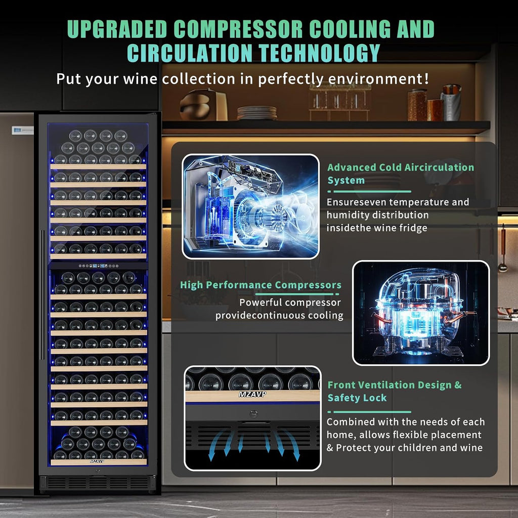 200 Bottle Dual Zone Wine Fridge, 24 Inch Large Wine Cooler Refrigerator Built-In or Freestanding, Tall Wine Cooler with Upgraded Compressor, Temperature Memory, Low Noise and Fast Cooling