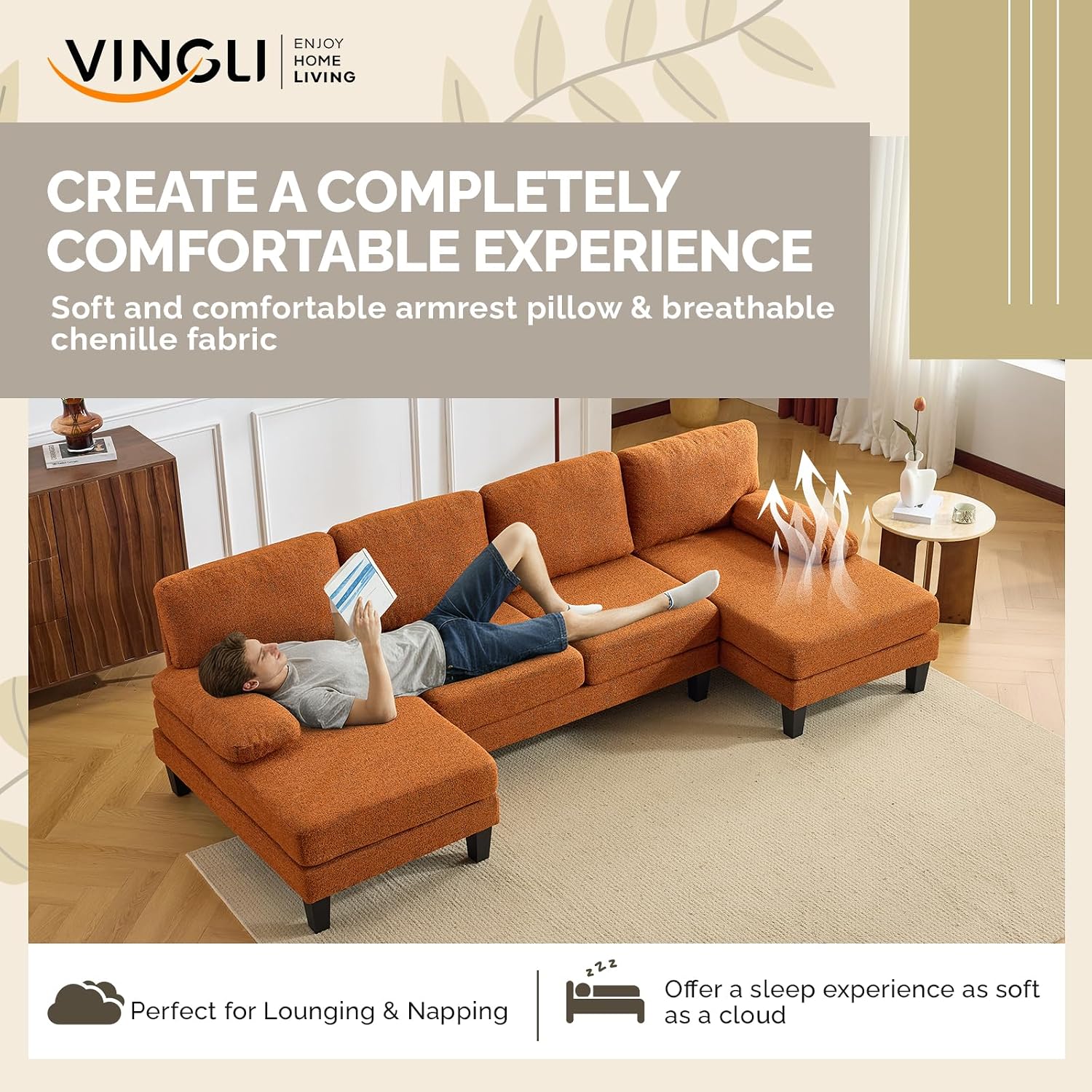 VINGLI 110' U-Shaped Sectional Couch with Two Chaise, Affordable Small Sofa with 4 Seats, Chenille Fabric Comfy Couches for Living Room, Orange