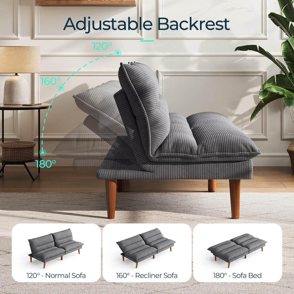 LINSY HOME Futon Sofa Bed - Convertible Corduroy Futon Couch Bed with Adjustable Backrest, Modern Small Loveseat Sleeper Sofa for Small Spaces, Living Room, Apartment or Office (Grey)
