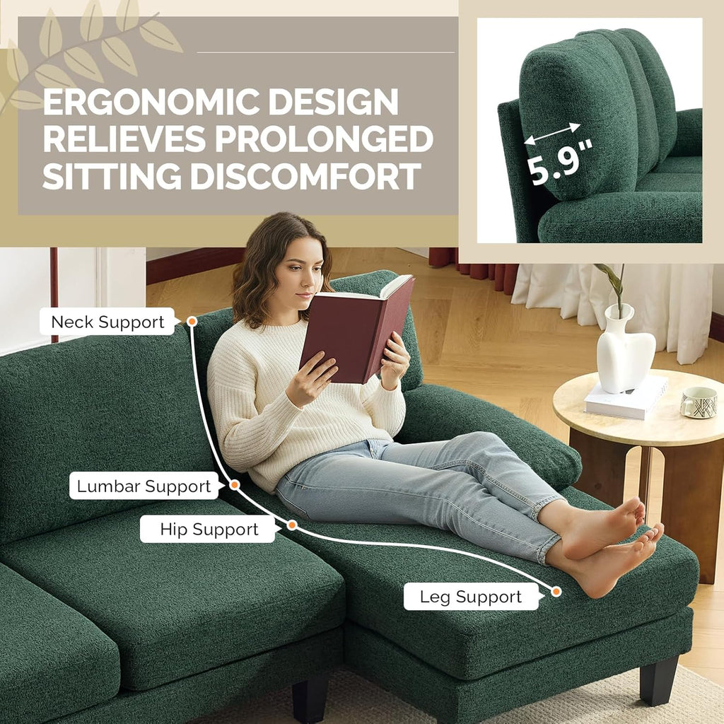 VINGLI 110' U-Shaped Sectional Couch with Two Chaise, Affordable Small Sofa with 4 Seats, Chenille Fabric Comfy Couches for Living Room, Dark Green