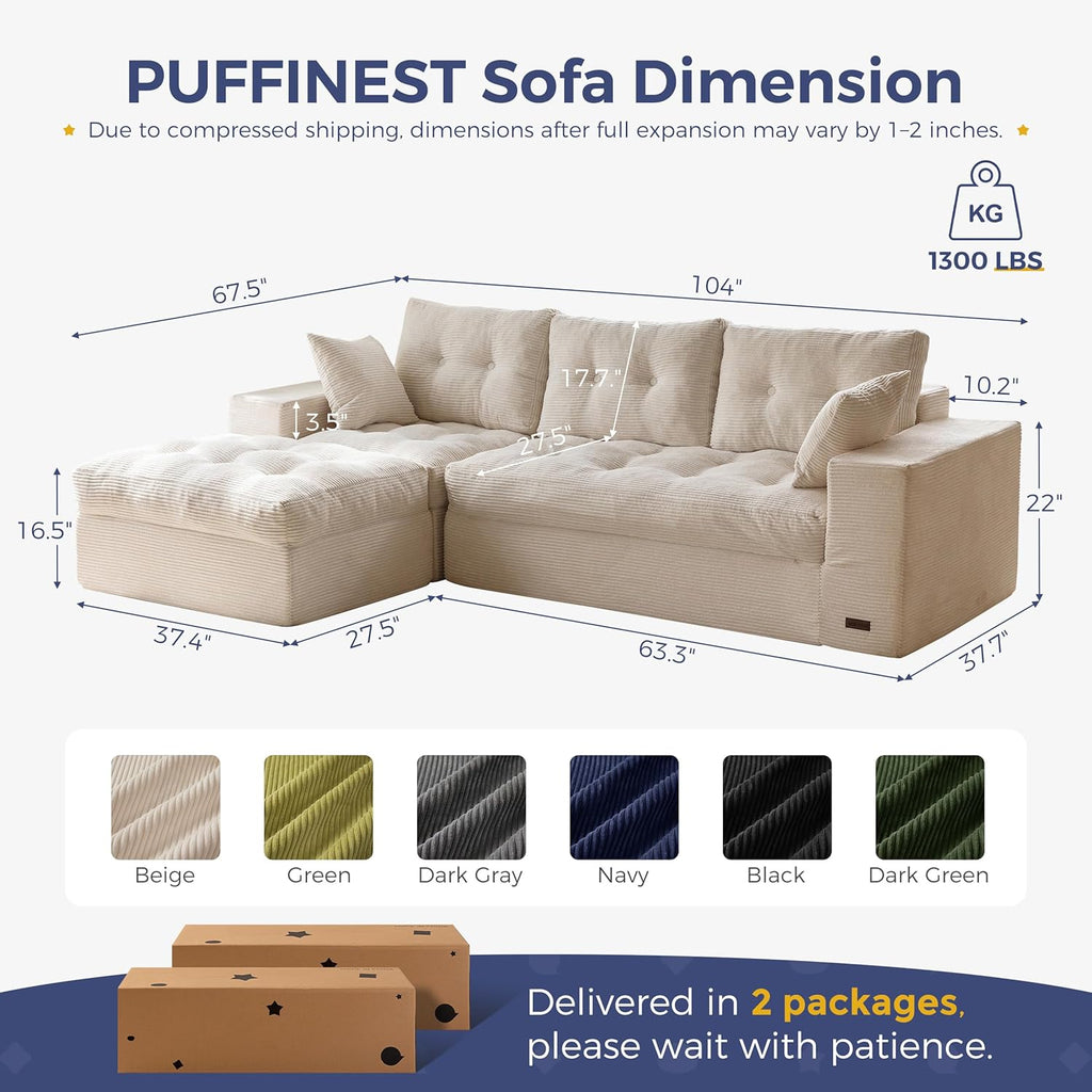 MAXYOYO 104' L Shaped Modular Sectional Sofa with Ottoman, Cloud Boneless Couch with Layered Cushion, Upholstered Sofa Flexible Module Combination for Living Room, No Assembly, Beige