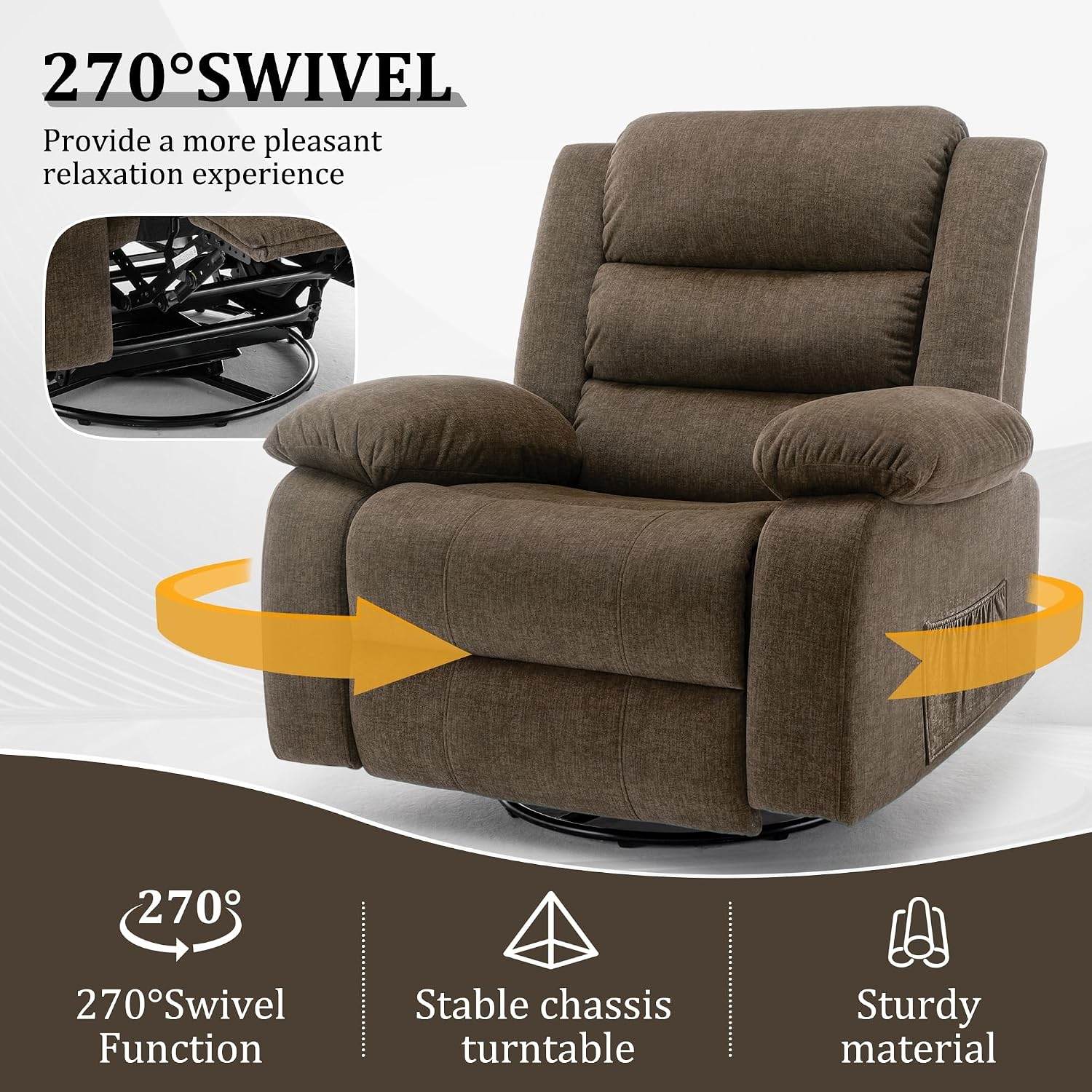 Korser Power Recliner Chair, Electric Rocker Recliner with Massage and Heat, 270° Swivel Glider, Oversized Wide Seat with USB Port, Cashmere Nursery Chair for Living Room, Brown