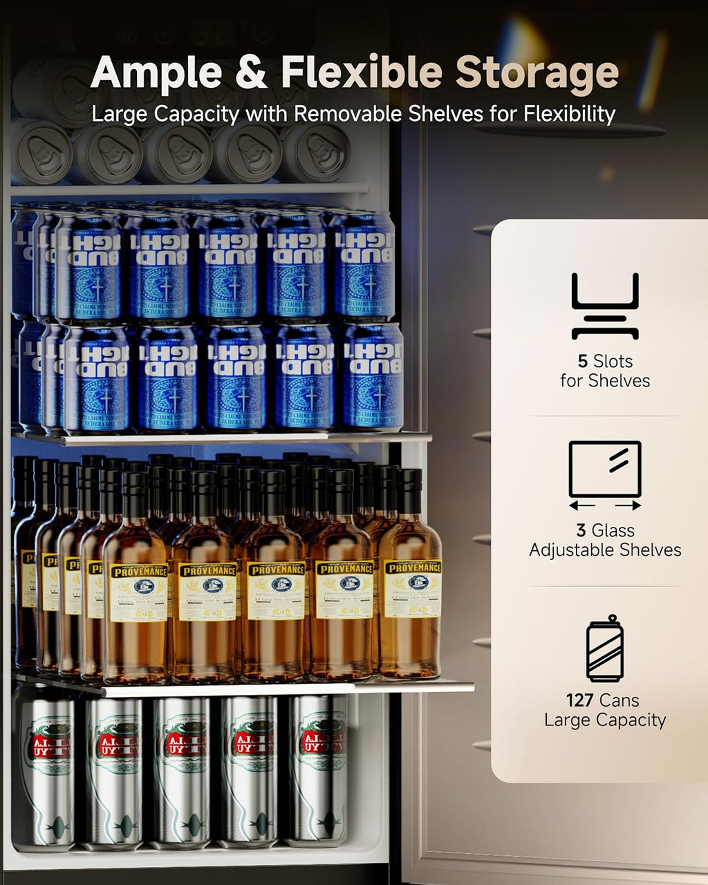 15 Inch Under Counter Beverage Refrigerator, Outdoor Fridge with 127 Cans Large Capacity & Glass Shelves, Built-in or Freestanding, Small Beverage Refrigerator for Patio & Outdoor Kitchen (Black)