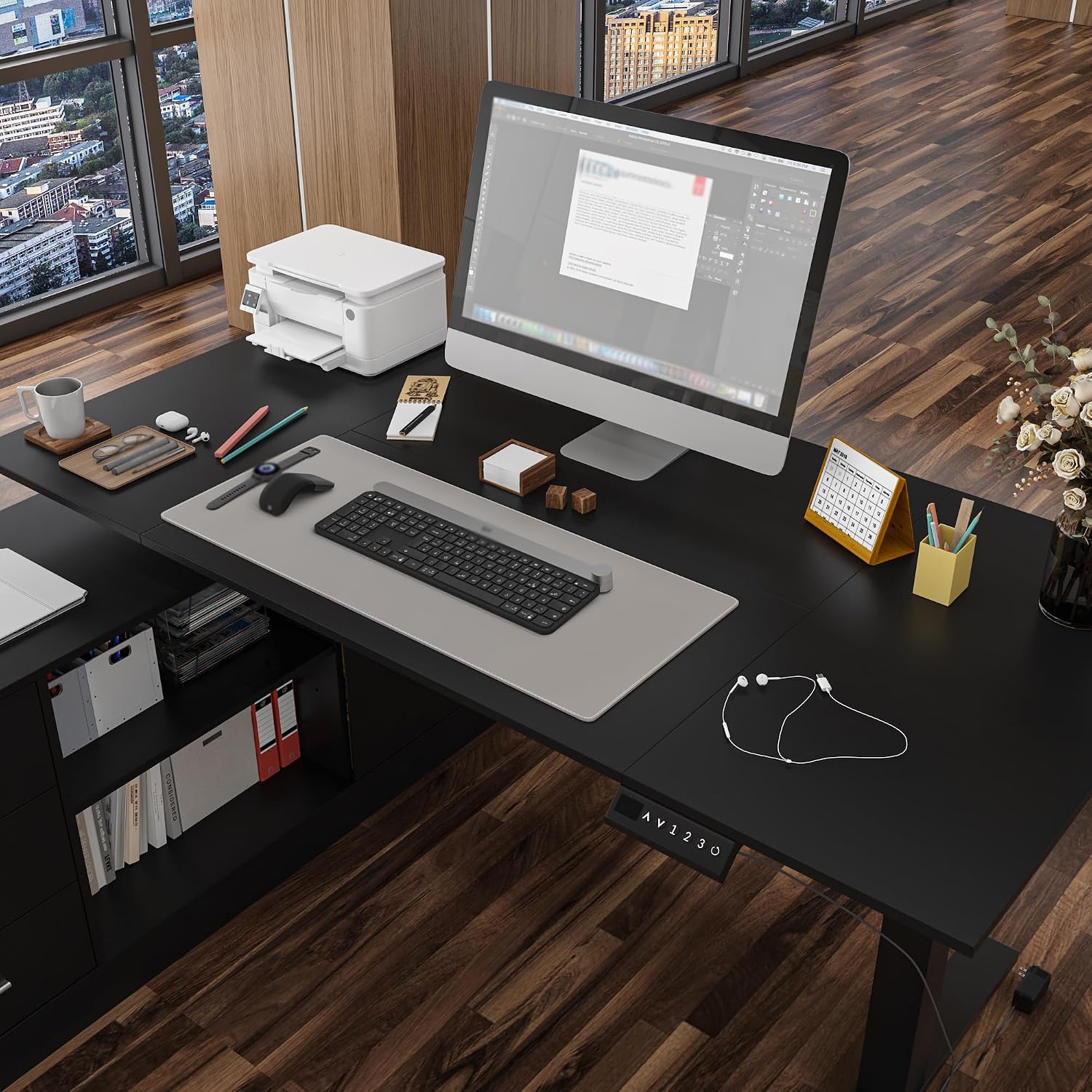Homsee Home Office L Shaped Electric Standing Desk with Drawers and Shelves, Height Adjustable & Shape Reversible Stand up Desk, 63' Computer Executive Corner Table, Black