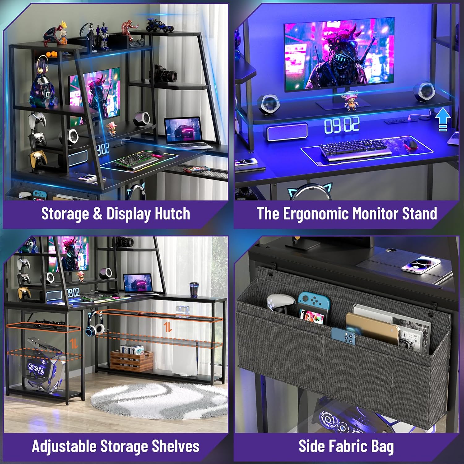 armocity L Shaped Gaming Desk with Hutch & Shelves, 47'' Computer LED Lights Power Strips, Reversible PC Shape Storage, for Monitor Stand, Black