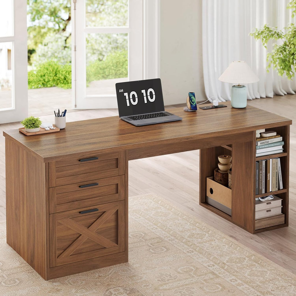 SEDETA 55.1' Executive Office Desk with 3 Drawers, Farmhouse Computer Desk with File Drawer & Storage Shelves, Home Office Desk with Power Outlet for Home Office, Brown