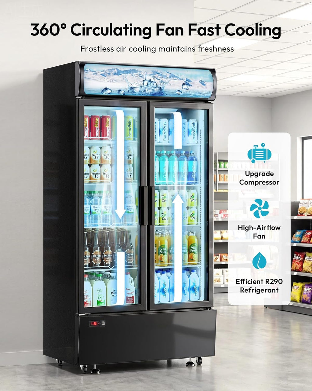 25 cu.ft Commercial Refrigerators, Beverage Cooler with LED Light, Drink Merchandiser with 8 Adjustable Shelves, 2 Glass Doors, Digital Control, ETL Certified, 32-50°FF