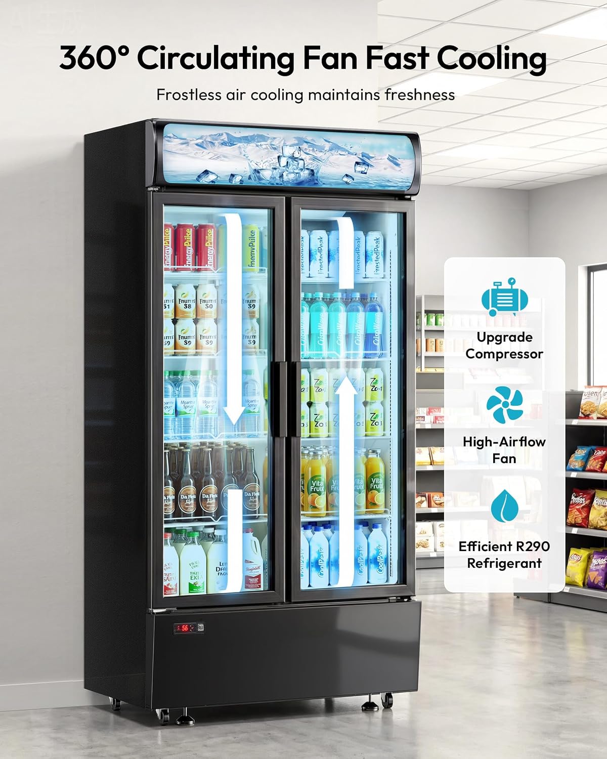 25 cu.ft Commercial Refrigerators, Beverage Cooler with LED Light, Drink Merchandiser with 8 Adjustable Shelves, 2 Glass Doors, Digital Control, ETL Certified, 32-50°FF