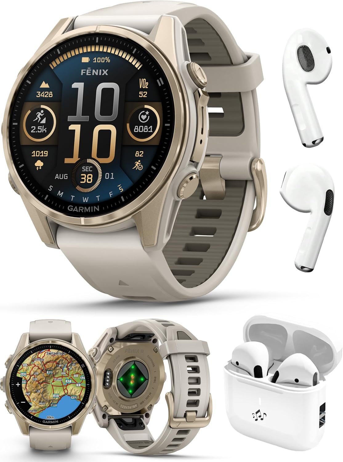 PlayBetter Garmin Fenix 8 AMOLED Sapphire (43mm, Soft Gold/Dark Sandstone) Multisport GPS Smartwatch Bundle - 1.3' Touchscreen, Built-in LED Flashlight Wireless Running Earbuds