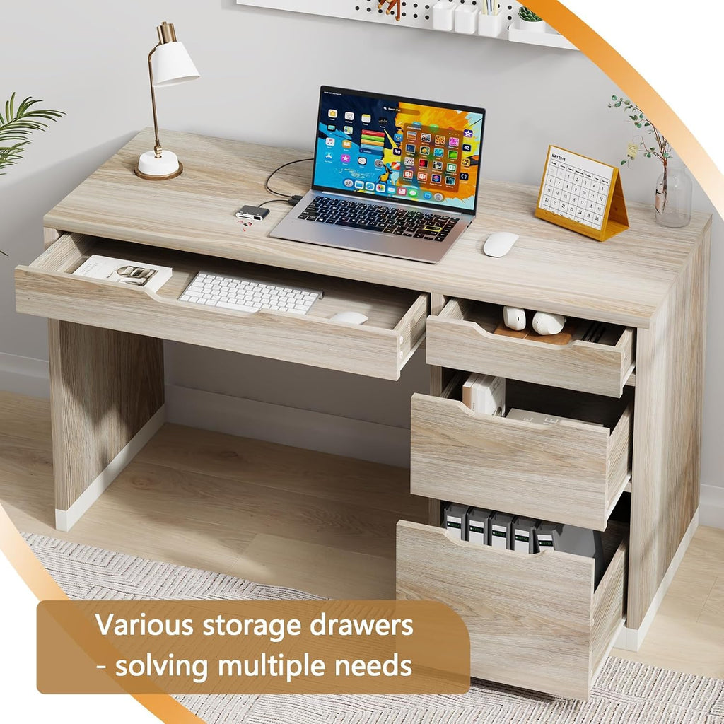MaverickFurni 52 Inch Desk with 4 Drawers, Computer Desk with Storage File Drawer for Bedroom, Small Office Desk with Storage for Small Space, Light Walnut
