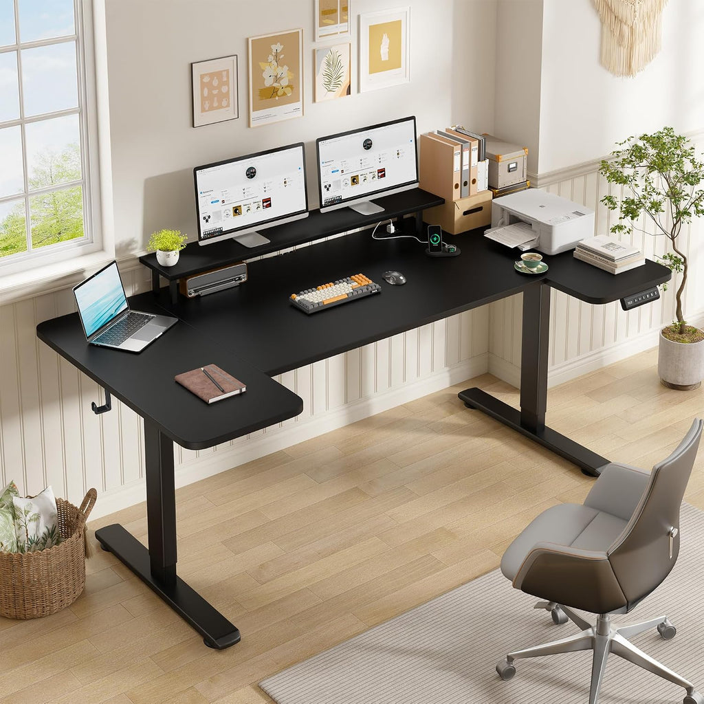 EnHomee U Shaped Electric Standing Desk, 71 x 36 Inch Height Adjustable Desk with Power Outlets, 3 Memory Heights, Monitor Shelf, Home Office Work Study Gaming Computer Desk