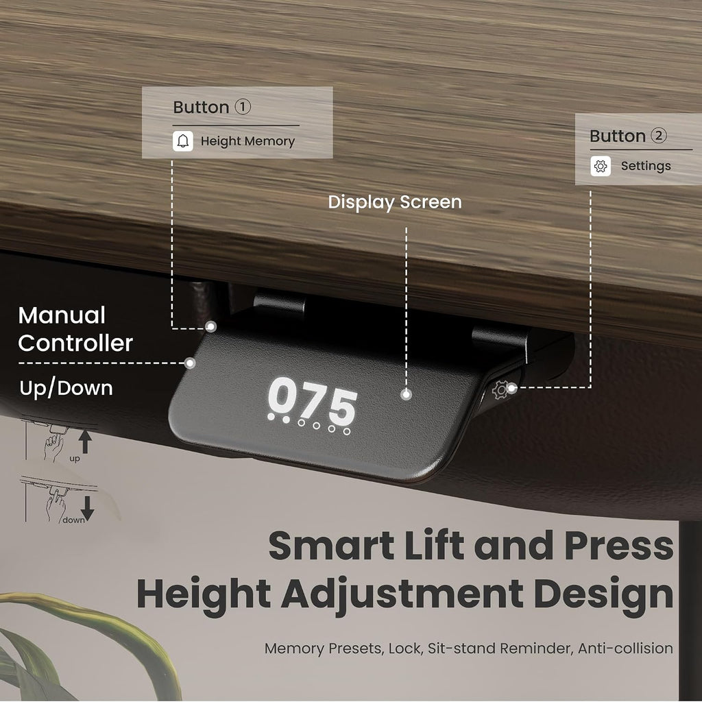 COLAMY Electric Standing Desk 55x28 Inch, Wobble-Free Dual Motor Sit Stand Up Home Office Computer Desk, One Piece Motorized Workstation Gamer Studio Table, Outlets & Footrest,Walnut Black
