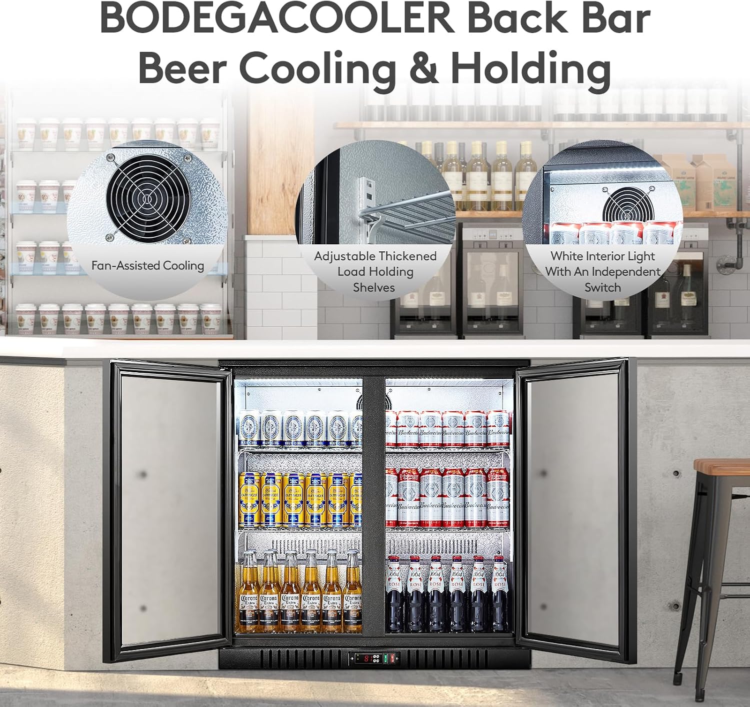 BODEGACOOLER 35.4 Inch Under Counter Beverage Refrigerator, 2 Door Back Bar Cooler, Dual Zone 32–50°F, 7.4 Cu.Ft Built-in or Freestanding Glass Door Fridge with LED Lighting, Holds 216 Cans/62 Bottles