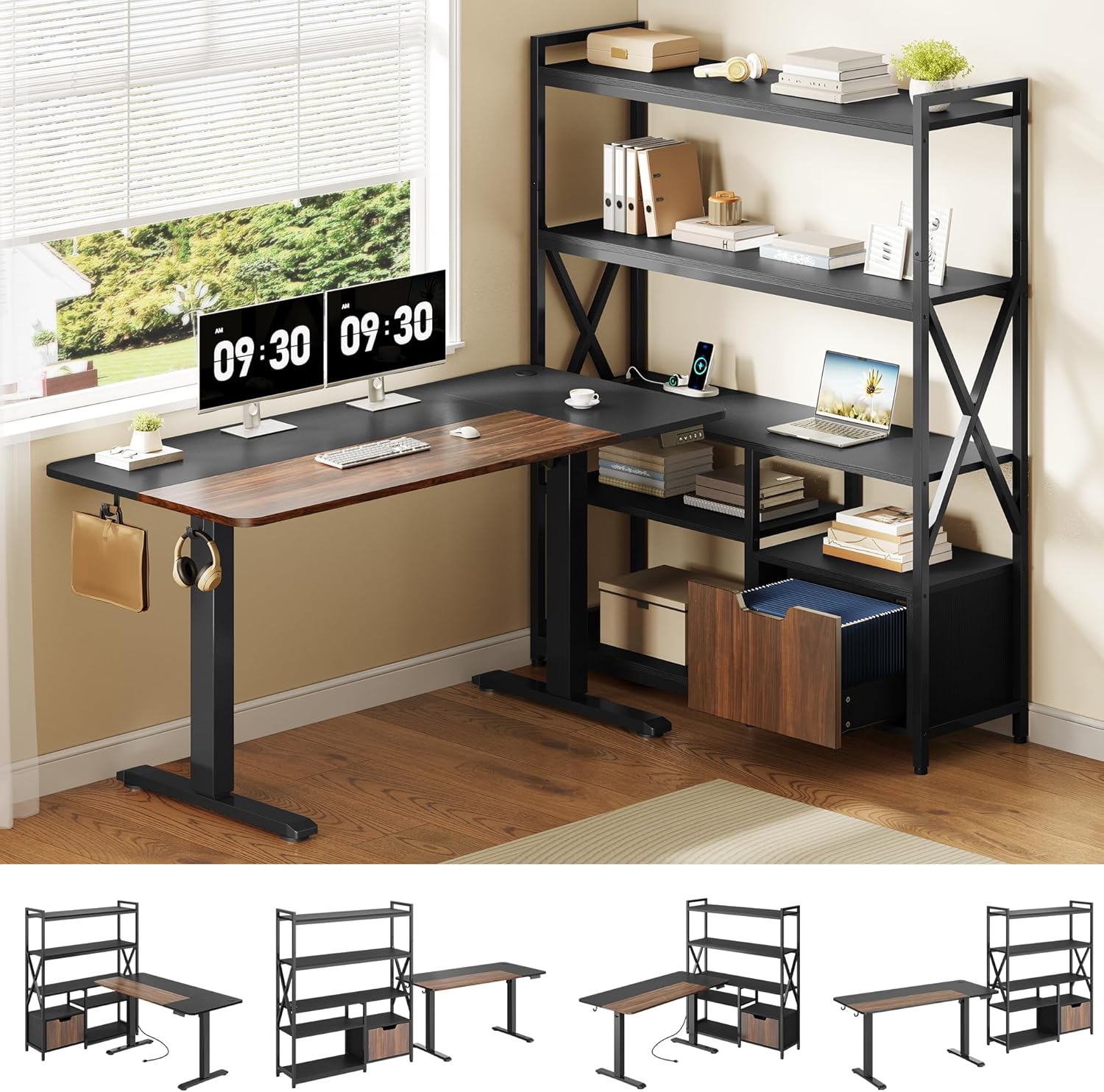 77.8 Inches L Shaped Standing Desk Corner Desk with Hutch Electric Height Adjustable Desk with Storage Shelves File Drawer Power Outlets Reversible Computer Gaming Desk for Home Office Black