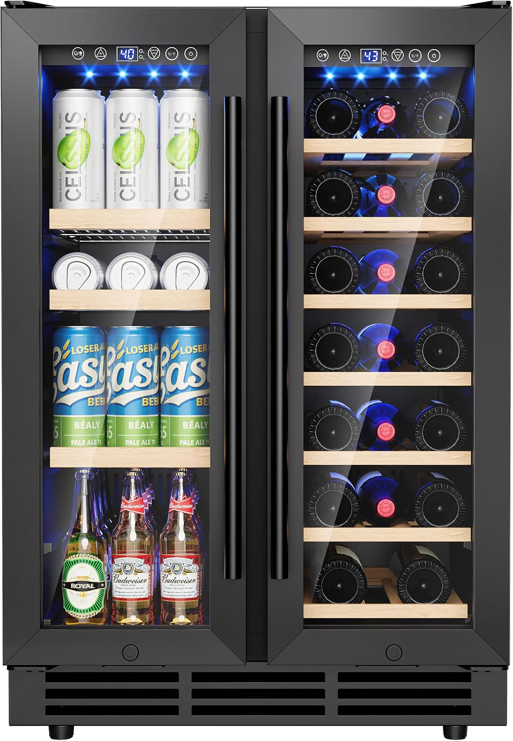 Wine and Beverage Refrigerator, 24 Inch Beverage Refrigerator with Glass Door, Wine Fridge Holds 20 Bottles & 60 Cans, Under Counter Refrigerator with Quiet Cooling System & LED Light