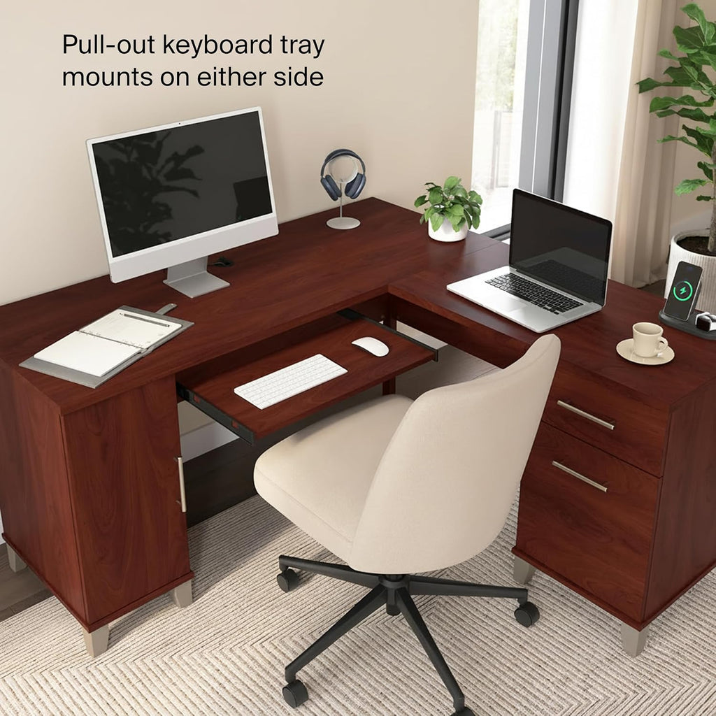 Bush Home 60-Inch L-Shaped Desk with Storage, Corner Computer Office Desk with Drawers and Storage Cabinet, Home Office Furniture, Somerset Collection, Hansen Cherry