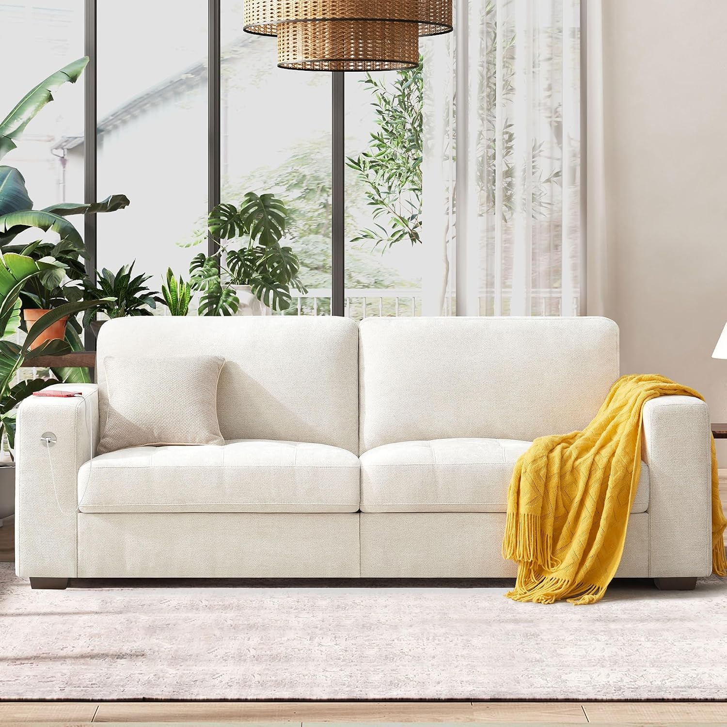 Hanherry 89' Sofa for Living Room, Modern Comfy Sofa with Medium Firm Seat Cushion, Removable Cover,Wide Armrest,USB/Type-C Port,Chenille Fabric Couches for Small Space,Apartment
