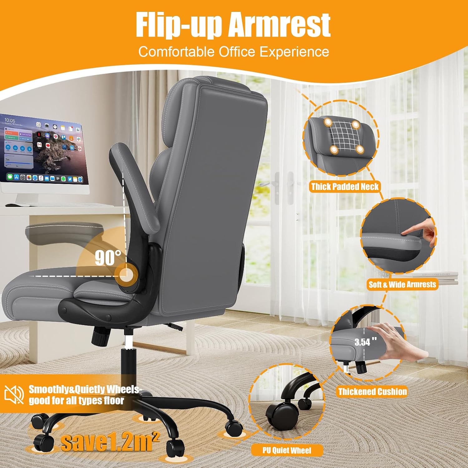 Executive Office Chair with Flip-up Armrests,Ergonomic Computer Desk Chairs,Mid-Tall Back Leather Office Chair 400 Lbs,Lumbar Support Swivel PC Chair with Rocking Function