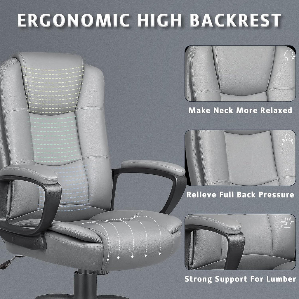 LEMBERI Office Desk Chair, Managerial Executive Chair, High Back Computer Chair, Ergonomic Height Adjustable PU Leather Chairs with Padded Armrest for Long Time Sitting, Grey