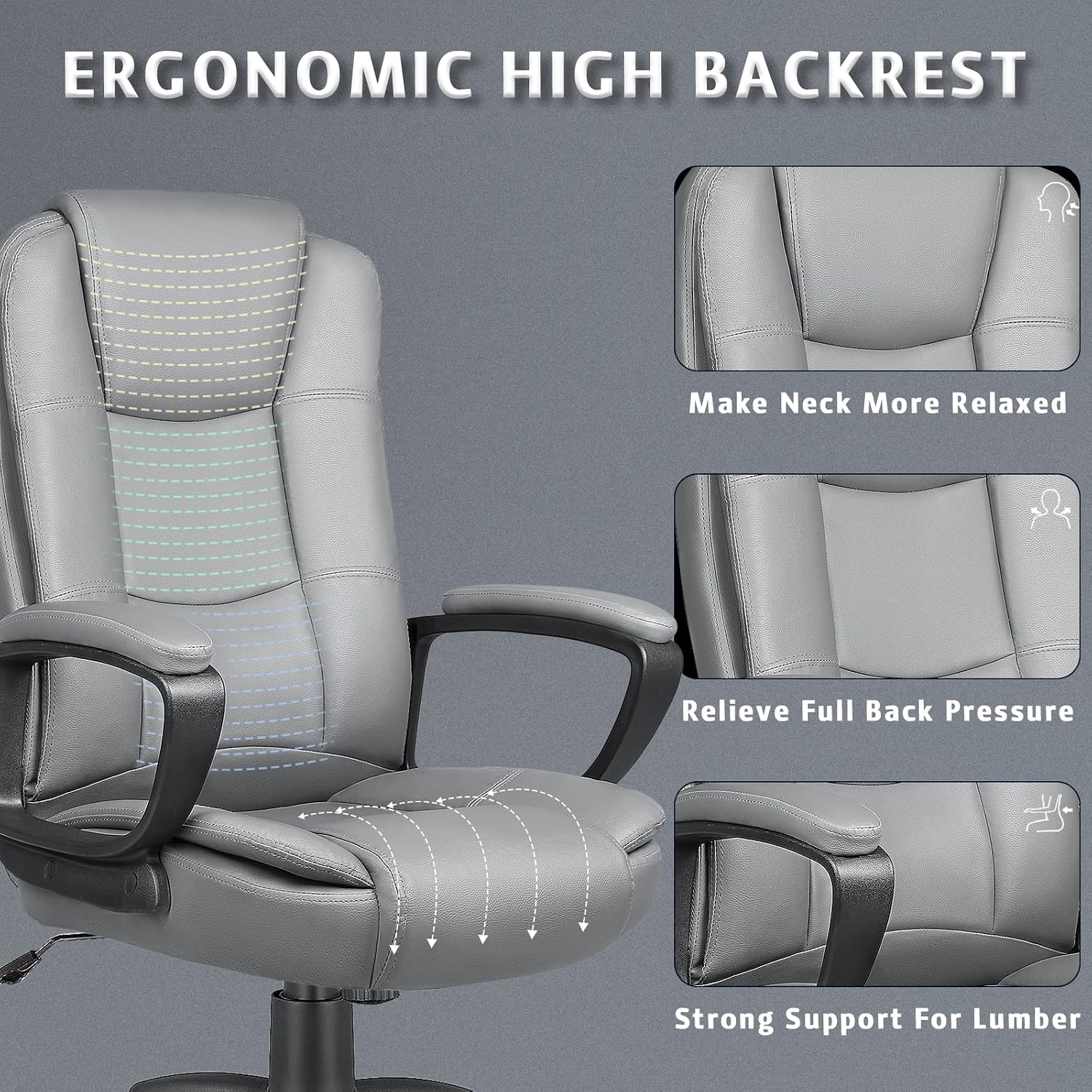 LEMBERI Office Desk Chair, Managerial Executive Chair, High Back Computer Chair, Ergonomic Height Adjustable PU Leather Chairs with Padded Armrest for Long Time Sitting, Grey