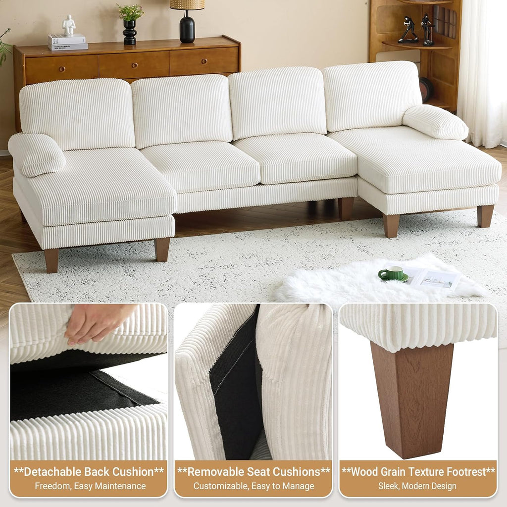 VINGLI 110' U Shaped Comfy Sectional Couch, Double Chaise Sofa in Corduroy Fabric for Apartment, 4-Seater Upholstered Couch with Memory Foam, Modern Couches for Living Room, Small Space, Beige