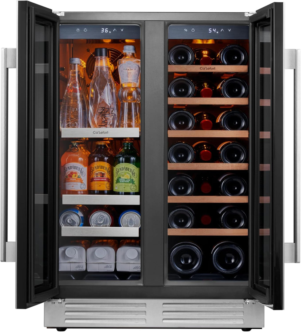 Ca'Lefort 24 Inch Wine and Beverage Refrigerator, 60 Cans 20 Bottles Dual Zone Cooler with Glass Door, 3 LED Built-in Compressor Fridge with Adjustable Shelves for Home Office Bar (4.1 cu.ft)