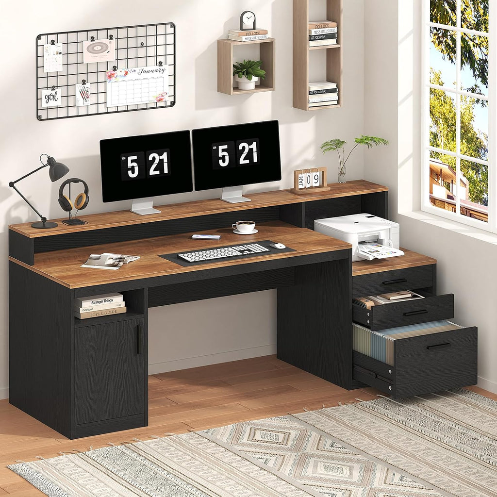 YOMILUVE Computer Desk with 3 Drawers & Storage Shelves, 65 Inch Home Office Desk with File Drawer & Cabinet, Writing Study Desks with Monitor Stand & Printer Shelf, Executive Desk, Brown and Black