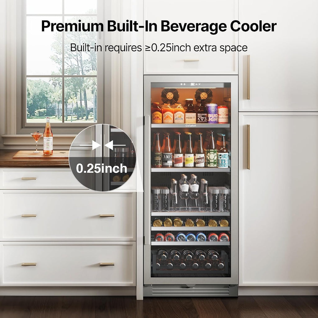 Ca'Lefort 24 Inch Beverage Refrigerator, 238 Cans Tall Beverage Fridge with Glass Door, 34-54°F Drink Fridge with 3 LED for Bar/Kitchen/Office, Freestanding or Built-In Beer Cooler for Beer/Soda/Wine