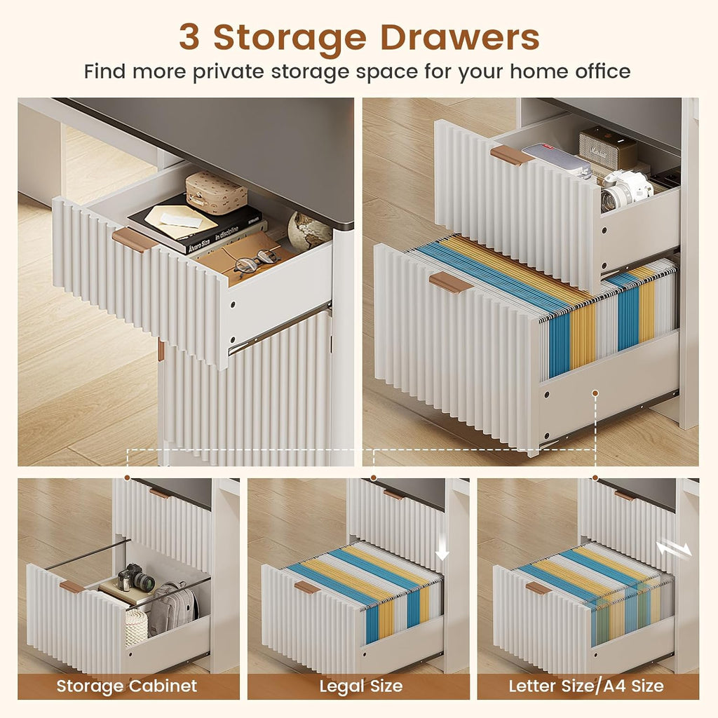 SEDETA 66' Modern L Shaped Desk with Drawers, Fluted Home Office Desk with File Cabinet and Printer Shelf, Wood Executive Desk with Monitor Stand, Led Lights, Power Outlets, White