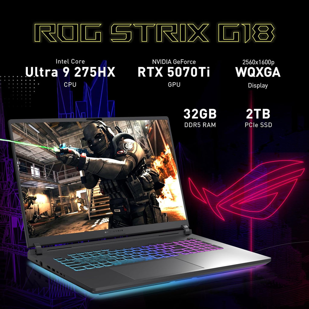 ASUS ROG Strix G18 18' 2.5K 240Hz Gaming Laptop, Intel Ultra 9 275HX, GeForce RTX 5070 Ti 12GB GDDR7, 32GB DDR5, 3TB Storage (2TB SSD+1TB Docking Station), Backlit Keyboard, Wi-Fi 7, Win 11 Pro, Gray
