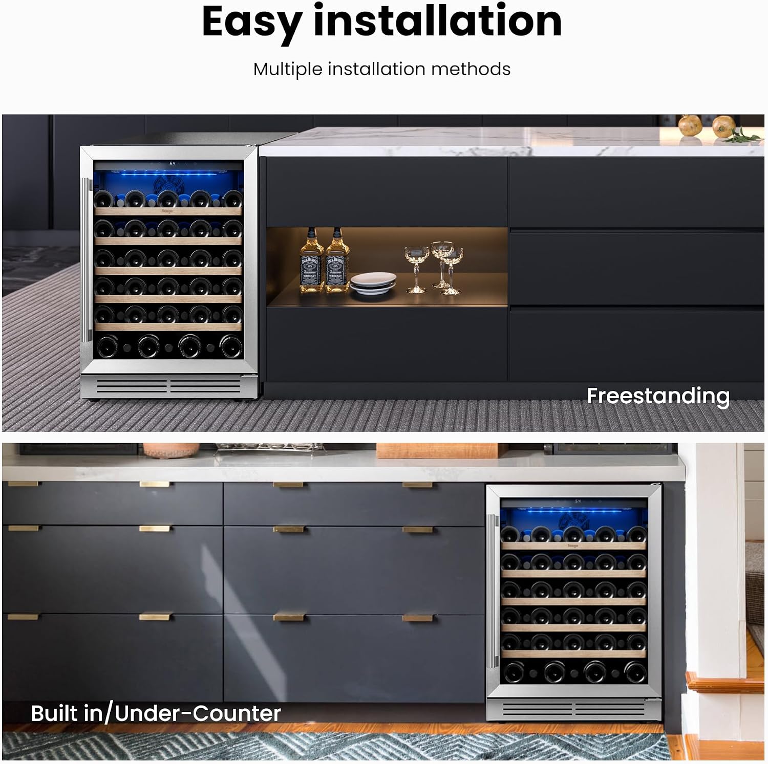 Yeego Wine Fridge Cooler - 24 Inch Wine Fridge Hold 52 Bottles, 40-65°F Wine Refrigerator Glass Door, Built in, Freestanding Under Counter Fridge for Beer Soda Drink Home Bar Office(5.12 Cu.ft)