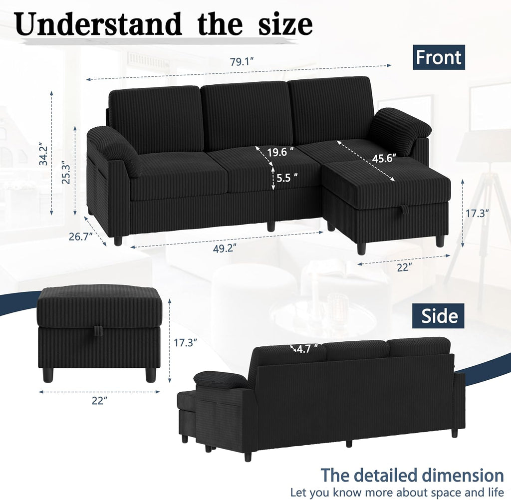 Sectional Sofa Couch for Living Room, 79' Sectional Couches with Ottoman, L Shaped Couch with Armrests Side Storage Pockage, 3-Seat Sofa Couches for Apartment, Black