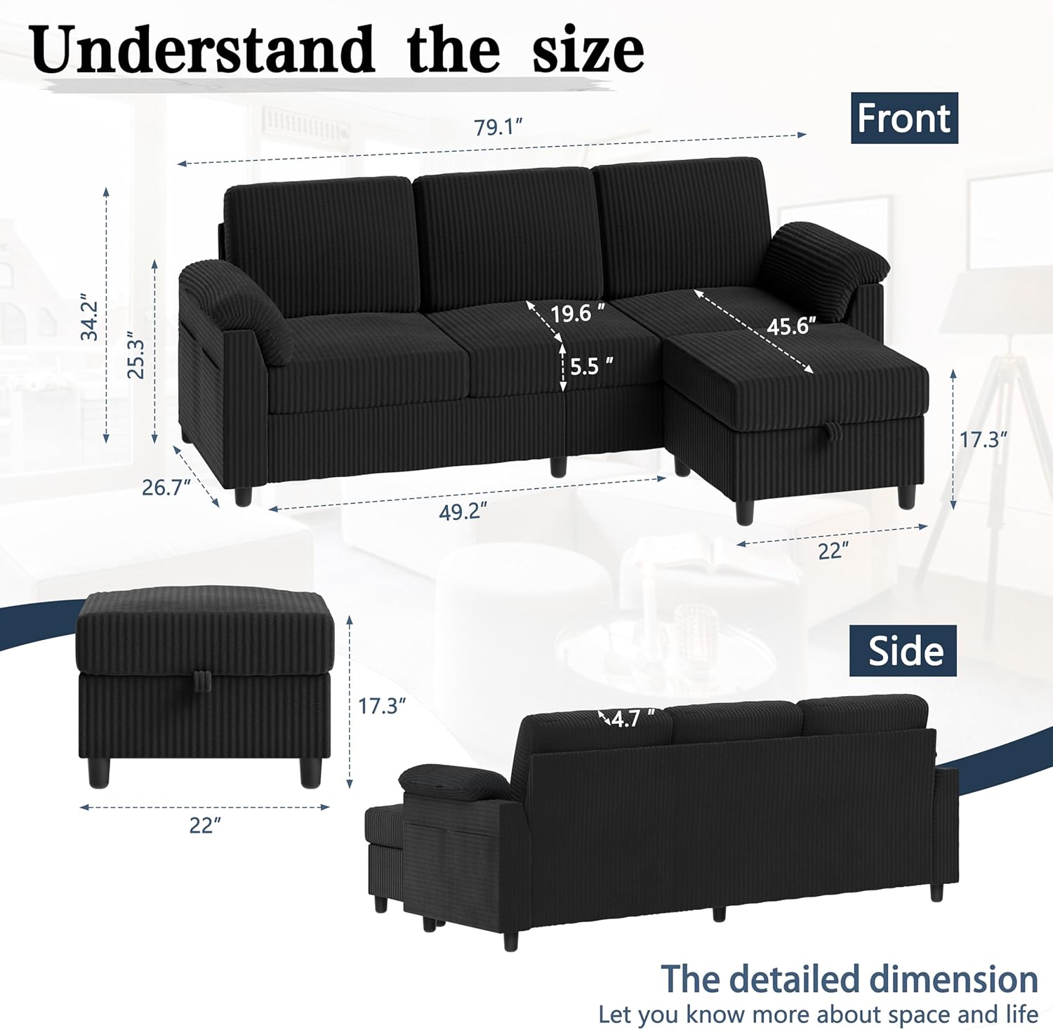 Sectional Sofa Couch for Living Room, 79' Sectional Couches with Ottoman, L Shaped Couch with Armrests Side Storage Pockage, 3-Seat Sofa Couches for Apartment, Black