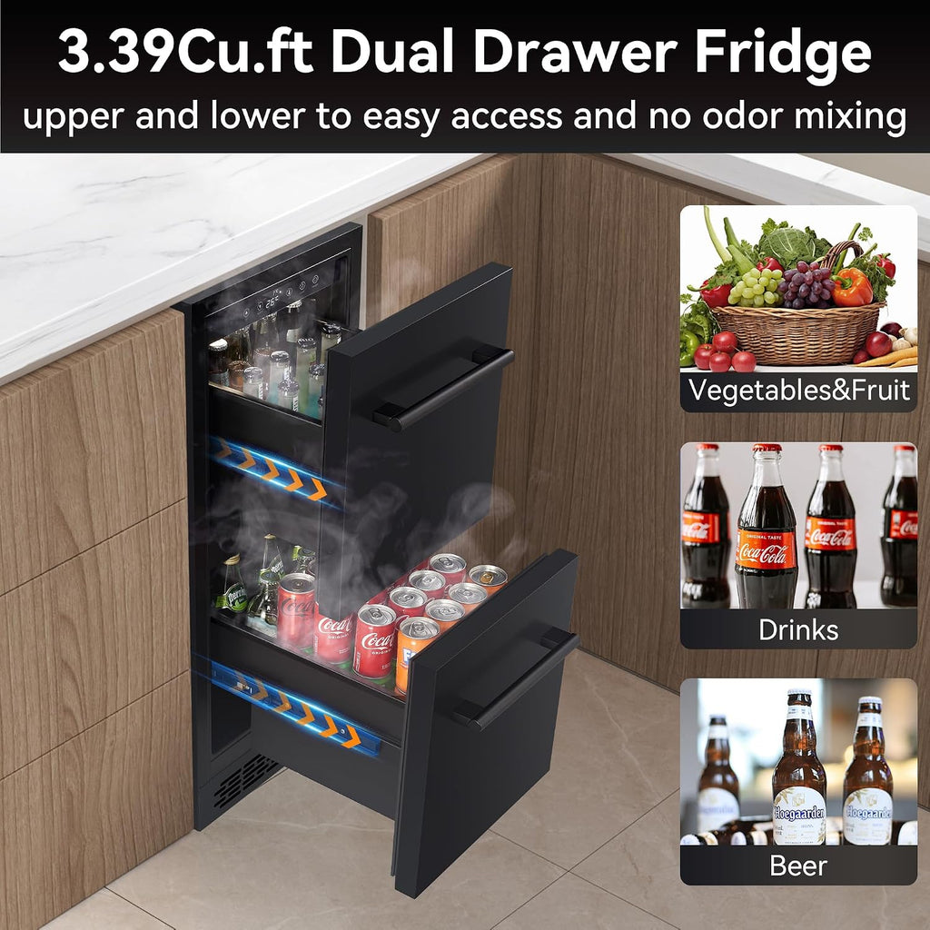 15 Inch Double Drawer Beverage Refrigerator, 3.39 Cu.Ft. Under Counter Fridge, Waterproof All Black Stainless Steel Beverage Fridge,low noise Rapid cooling for Indoor, Outdoor, Kitchen, Patio