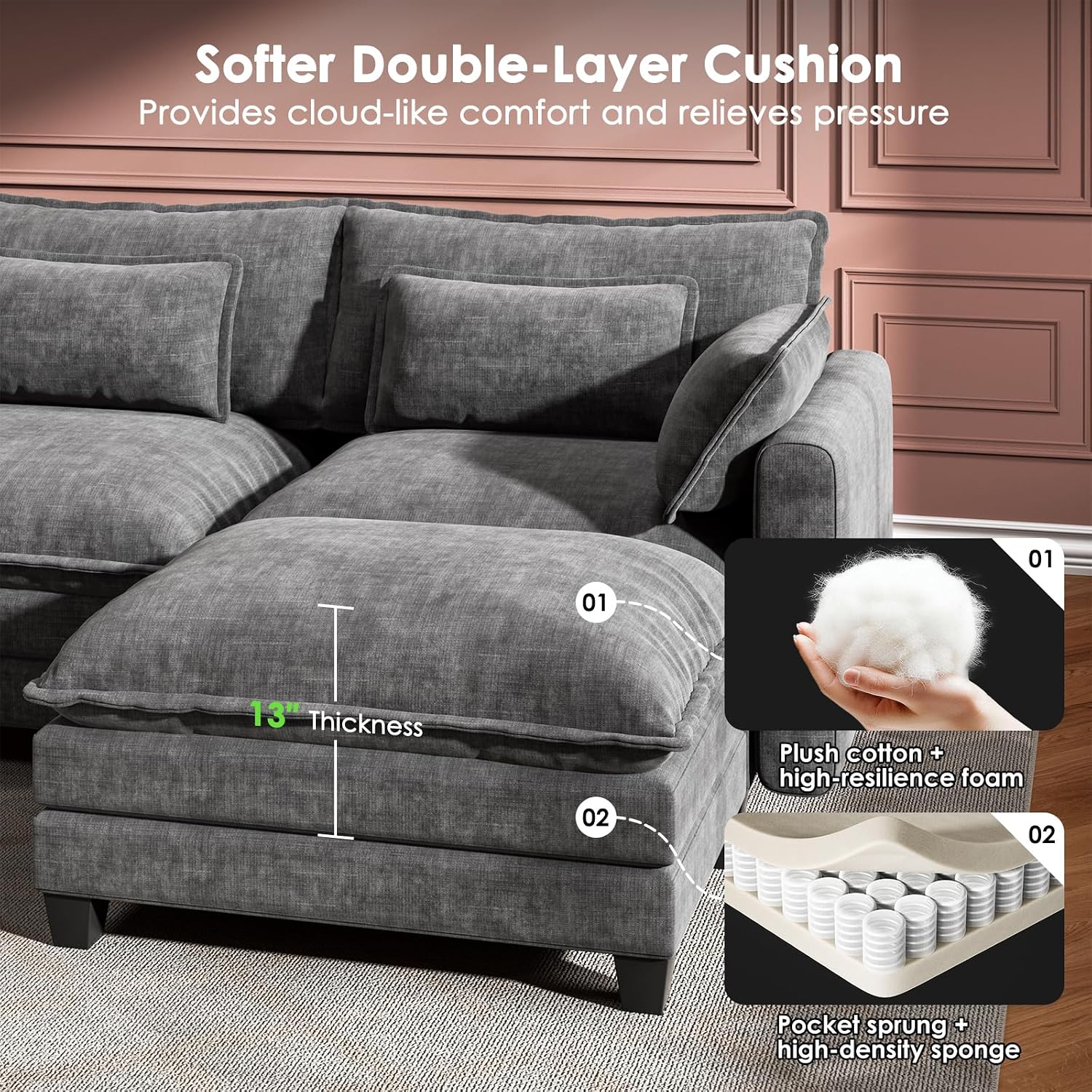 Marsail Modular Sectional Sofa 110.6' U-Shaped Modern Comfy Cloud Couch, 5-Seat Chenille Deep Seat Sofa with Throw Pillow & Movable Ottoman for Living Room, Bedroom and Apartment, Grey
