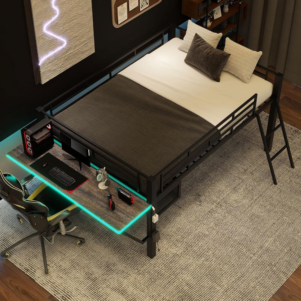 Linique Full Size Gaming Loft Bed with Desk, LED and Staircase, Metal Bed Frame with Vented Mesh Undercarriage Storage, Black