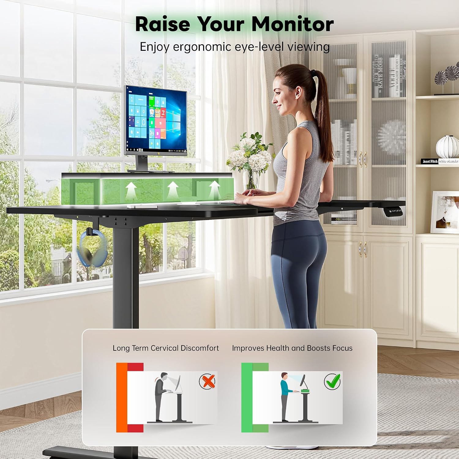 EnHomee U Shaped Electric Standing Desk, 71 x 36 Inch Height Adjustable Desk with Power Outlets, 3 Memory Heights, Monitor Shelf, Home Office Work Study Gaming Computer Desk