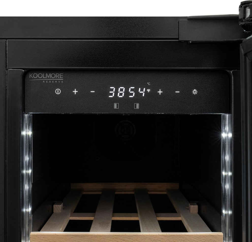 KoolMore Reserve 24 in. French Door Dual Zone Panel Ready Under-Counter Cooler with Wooden Shelves and 20 Bottle Capacity in the Right Zone and 2.1 Cu. Ft. on the Left in Black (KM-CWB24-WPR)