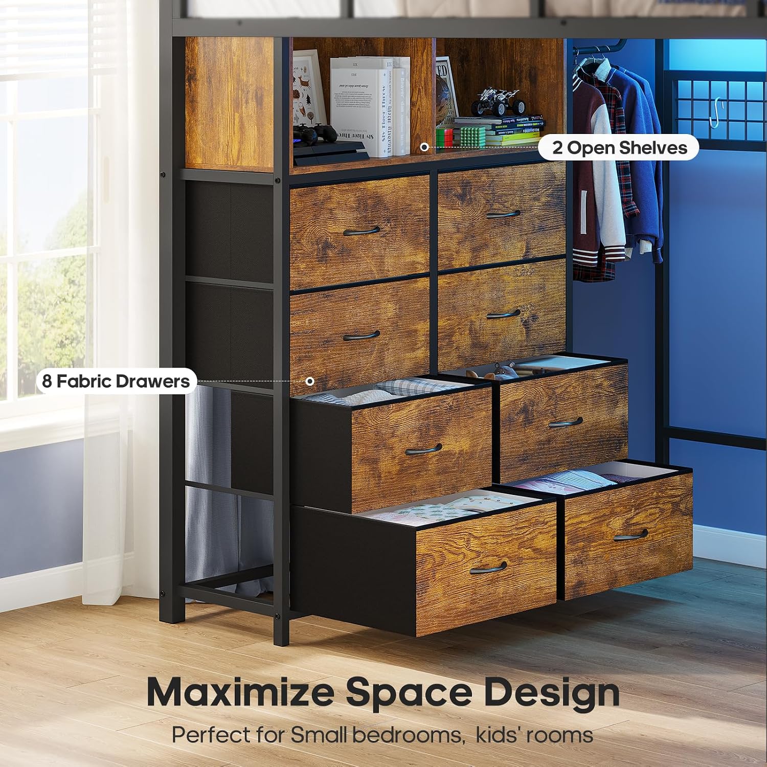 ADORNEVE Full Size Loft Bed with Desk and 8 Storage Drawers, LED Metal Loft Bed with Power Outlet, 2 Shelves & Clothing Rack, Bed with Safety Guardrail & Ladder,Space-Saving, Rustic Brown