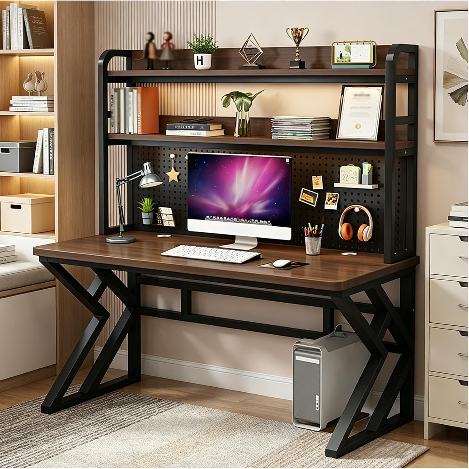 47in Gaming Desk with Bookshelf Combo, Computer Desk with Pegboard, Large Writing Table with Desktop Shelves, Ample Leg Room, for Home Office (Brown, 47in)