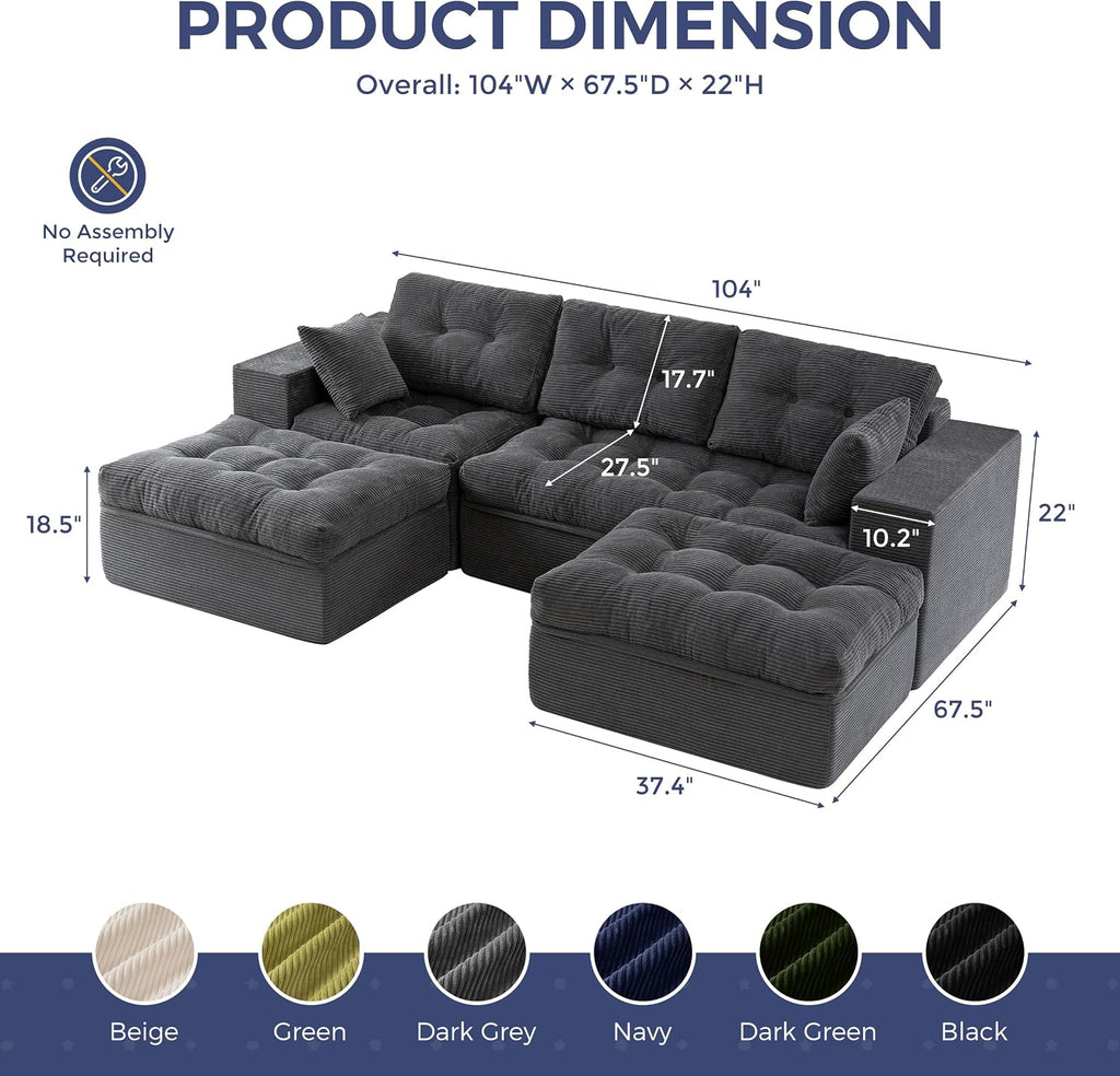 MAXYOYO 104' U Shaped Modular Sectional Sofa with 2 Ottomans, Cloud Boneless Couch with Layered Cushion, Flexible Module Combination Sofa for Living Room, No Assembly Required, Dark Grey