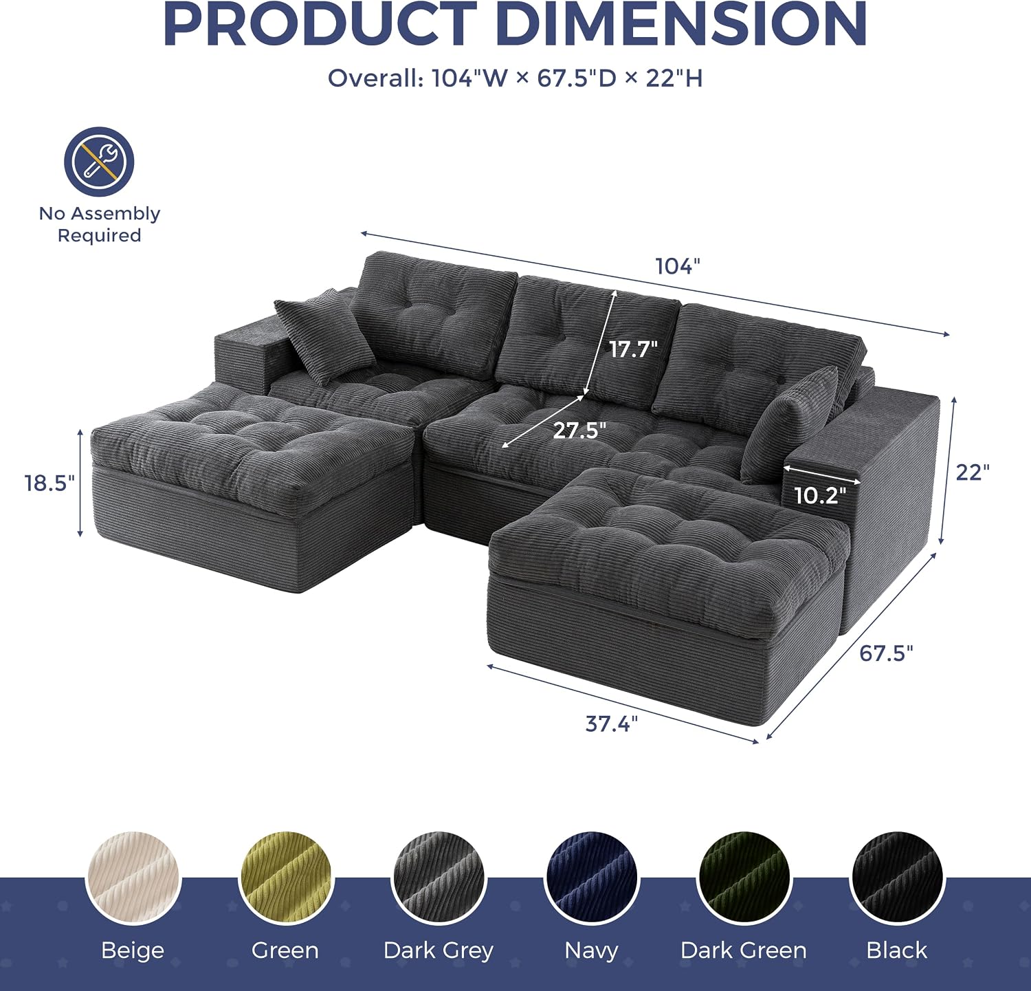 MAXYOYO 104' U Shaped Modular Sectional Sofa with 2 Ottomans, Cloud Boneless Couch with Layered Cushion, Flexible Module Combination Sofa for Living Room, No Assembly Required, Dark Grey