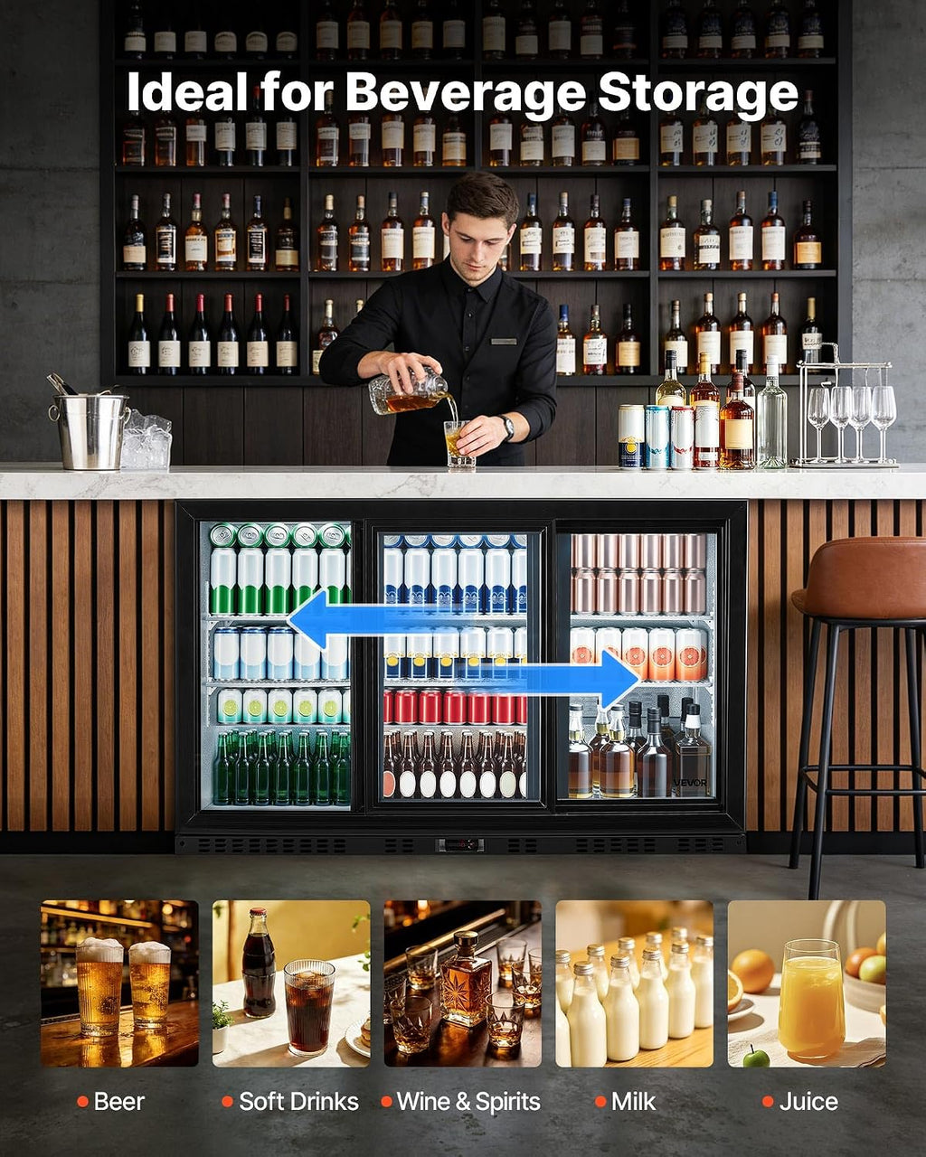 VEVOR Back Bar Cooler, 11.4 Cu.Ft Commercial Beverage Refrigerator, 3 Sliding Glass Doors, Fan Cooling Under Counter Beer Fridge w/LED Lighting, Shelves, Low-E Glass Display for Drinks, Bar, Store