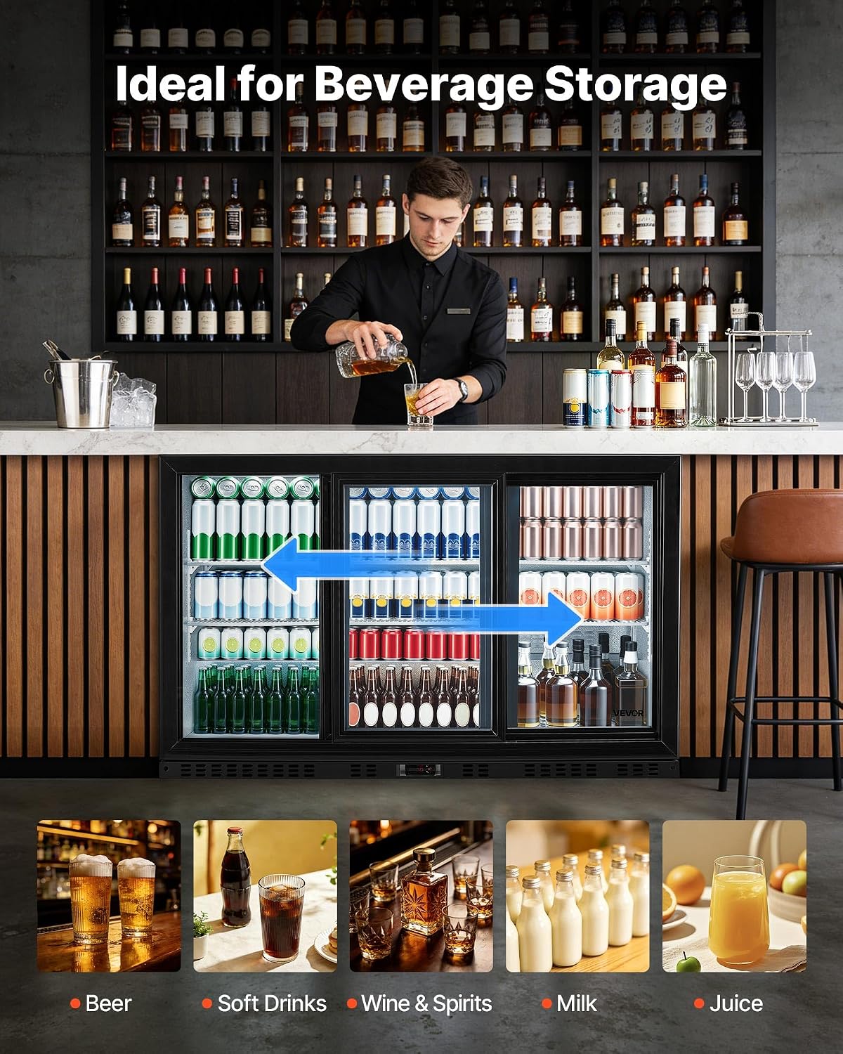 VEVOR Back Bar Cooler, 11.4 Cu.Ft Commercial Beverage Refrigerator, 3 Sliding Glass Doors, Fan Cooling Under Counter Beer Fridge w/LED Lighting, Shelves, Low-E Glass Display for Drinks, Bar, Store