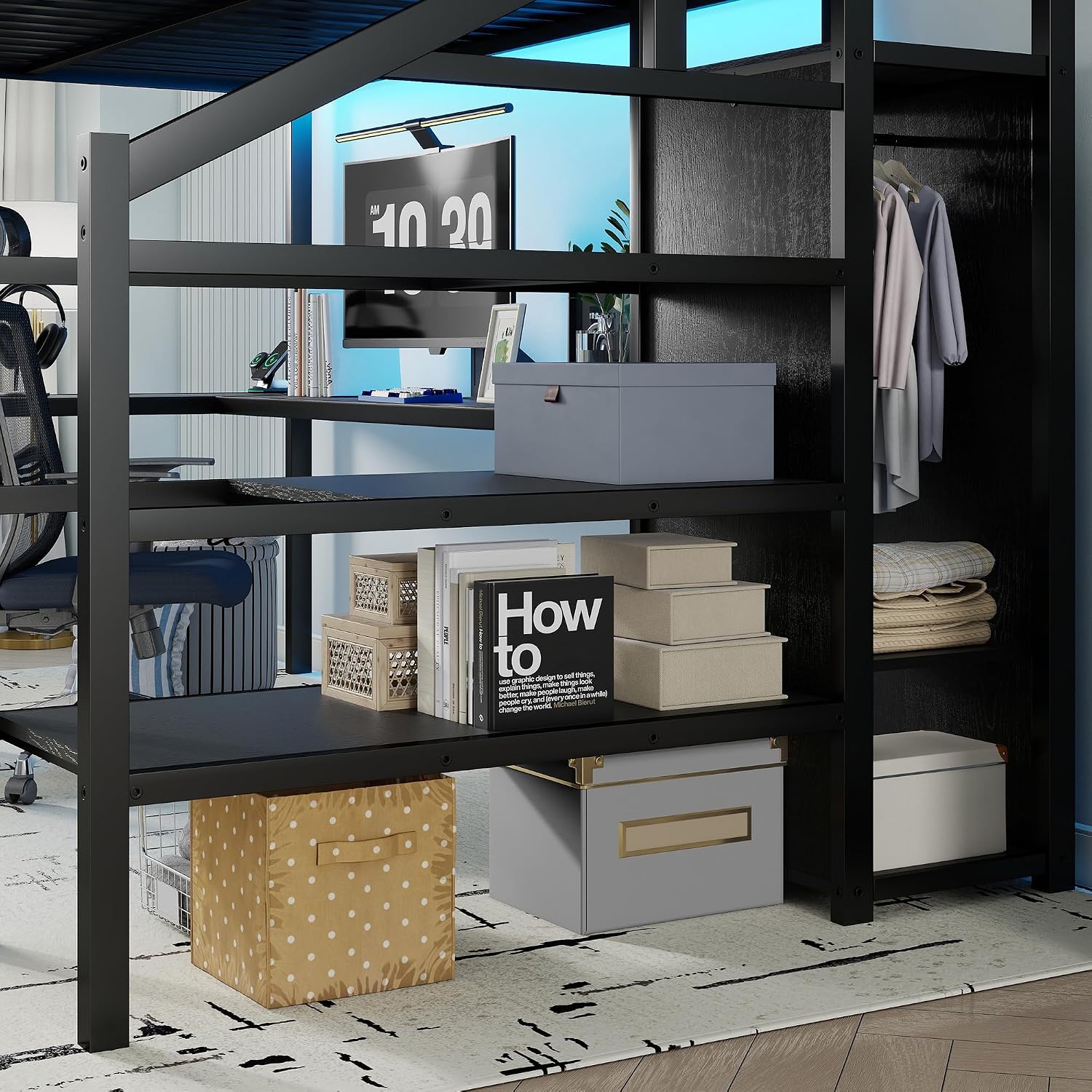 Queen Size Loft Bed with Desk and Stairs, Gaming Loft Bed with RGB LED Light and Storage, Heavy-Duty Metal Loft Beds Frame with Wardrobe, Shelves and Charging Station for Adults Kids Teens, Black